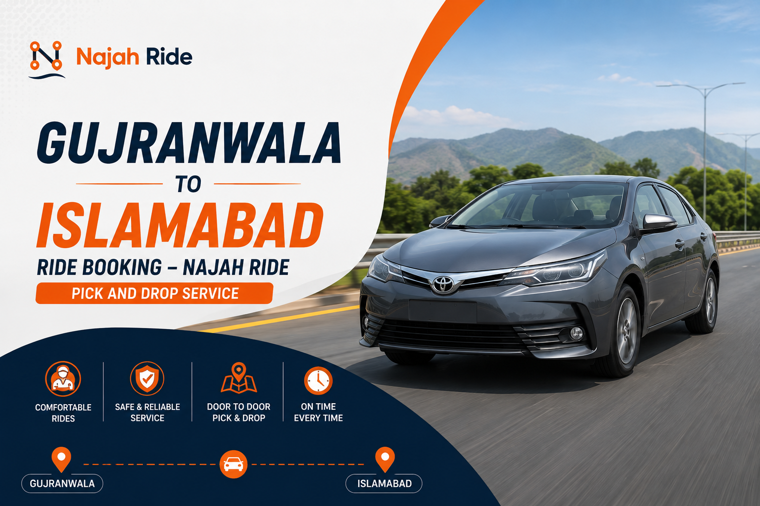 Gujranwala to Islamabad Ride Booking – Najah Ride Pick and Drop Service