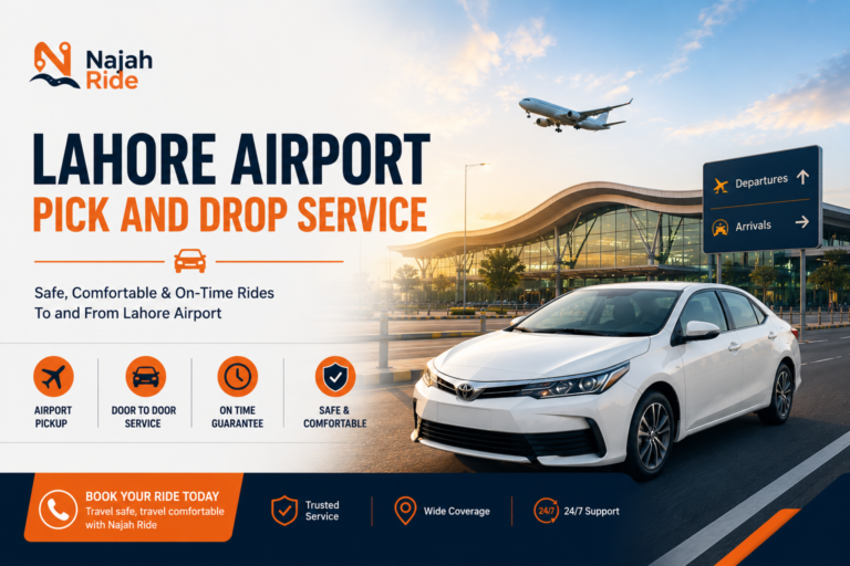 Professional airport pickup and drop service at Allama Iqbal International Airport Lahore, offered by Najah Ride. Safe, on-time, and comfortable rides.